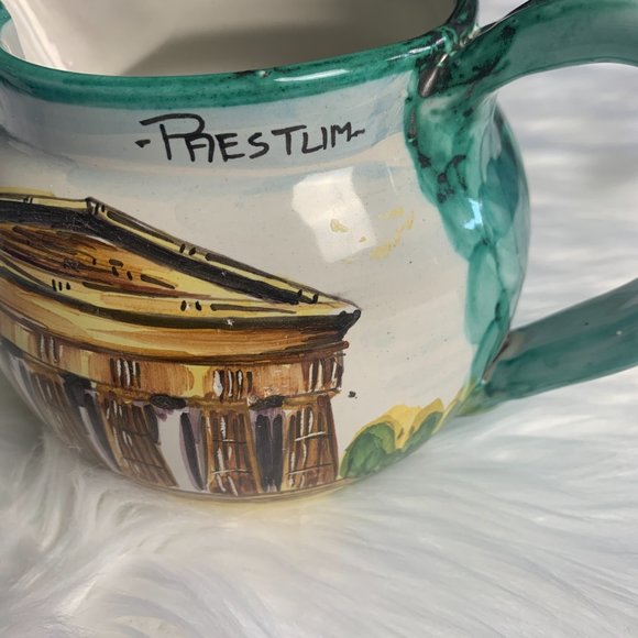 Hand Crafted Pottery Pitcher Green Yellow Floral Design and Structured Building - Picture 4 of 7